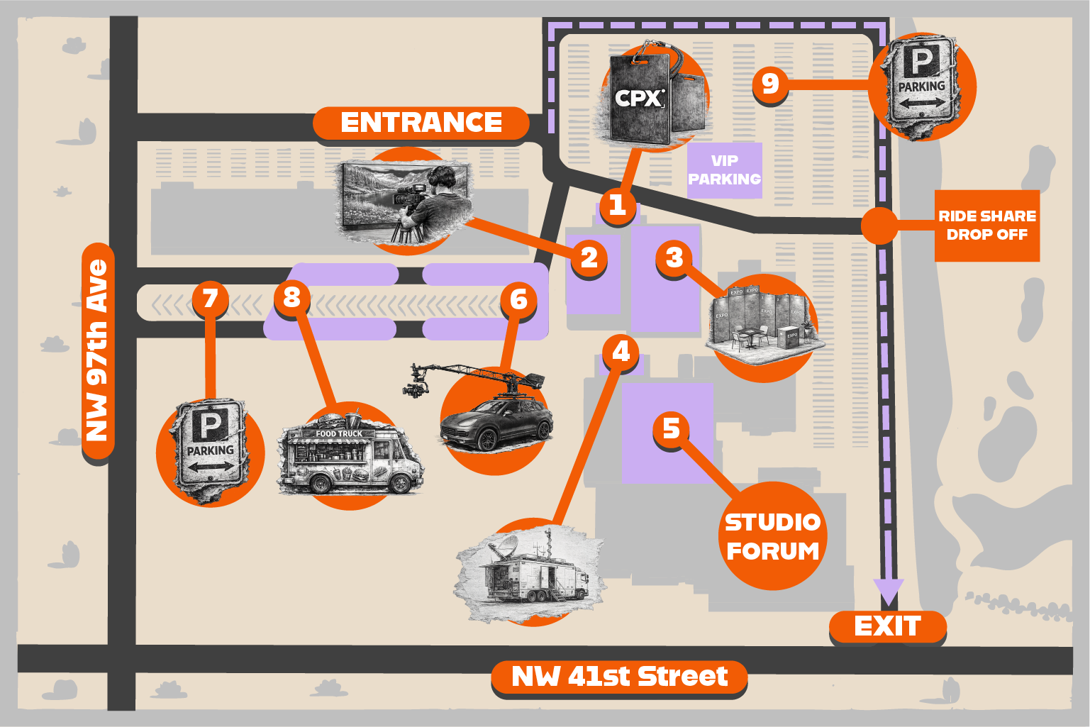 CPX 2027 campus map showing the entrance, numbered event areas, parking, ride-share drop-off, and exit
